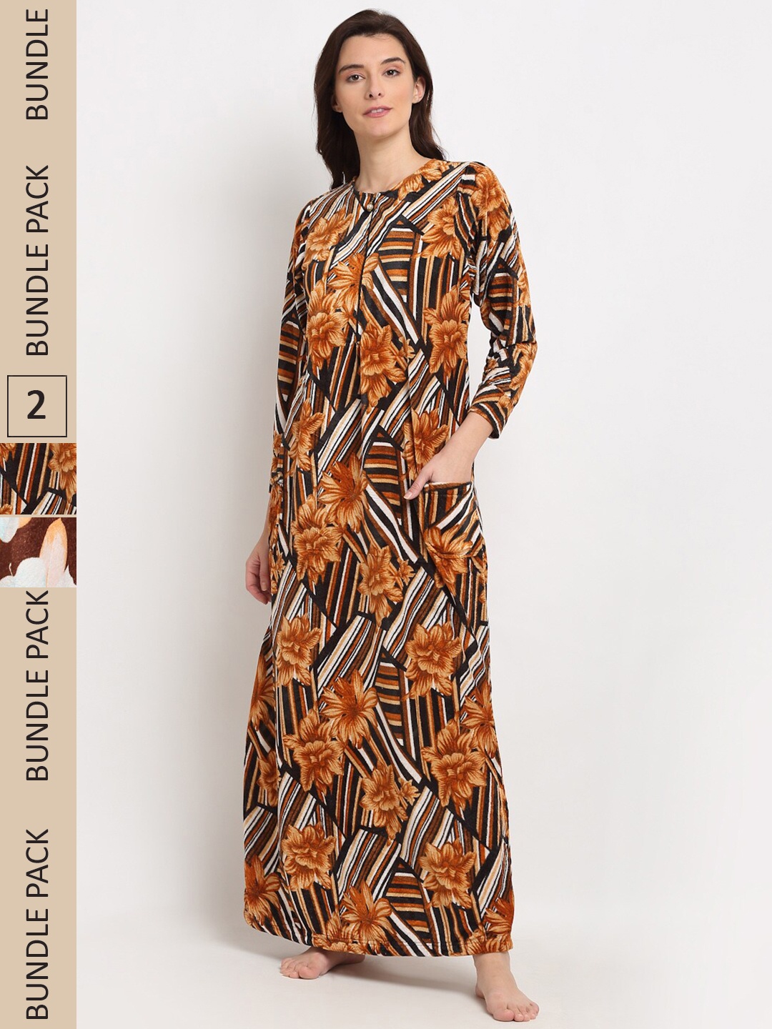 

GRACIT Pack of 2 Printed Fleece Maxi Nightdress, Orange