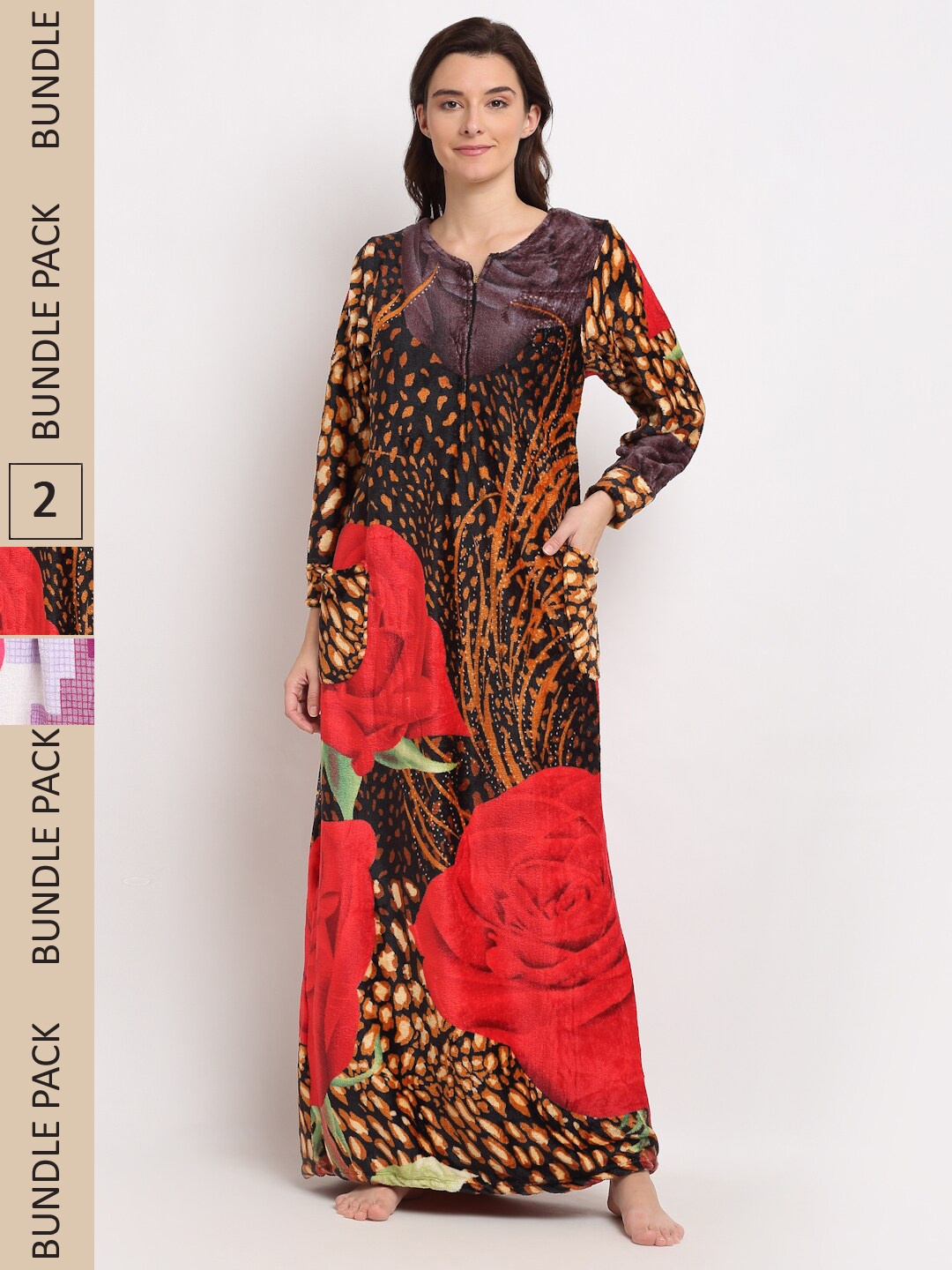 

GRACIT Women Pack Of 2 Printed Fleece Maxi Nightdress, Brown