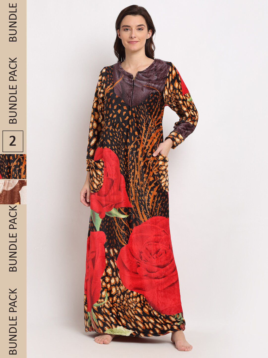 

GRACIT Pack Of 2 Printed Notch Neck Maxi Nightdress, Red