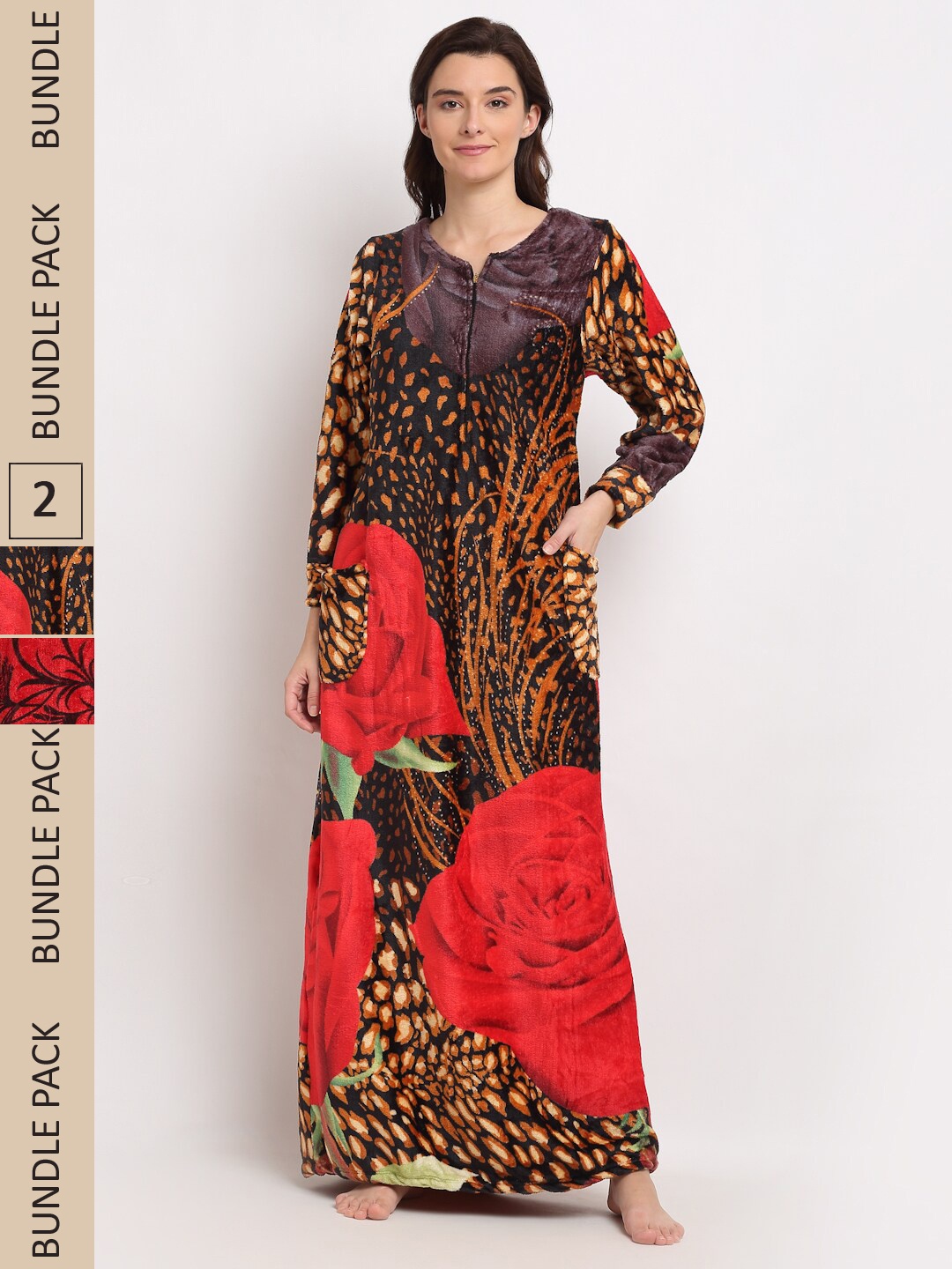 

GRACIT Women Pack Of 2 Printed Maxi Nightdress, Red