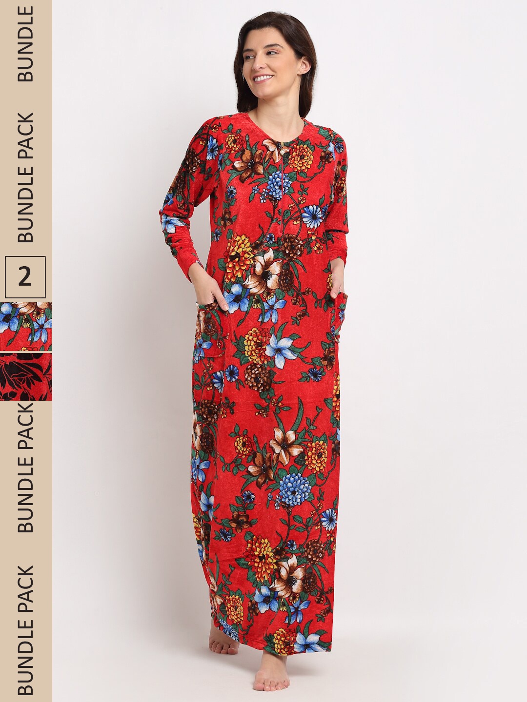 

GRACIT Women Pack Of 2 Floral Printed Maxi Nightdress, Red