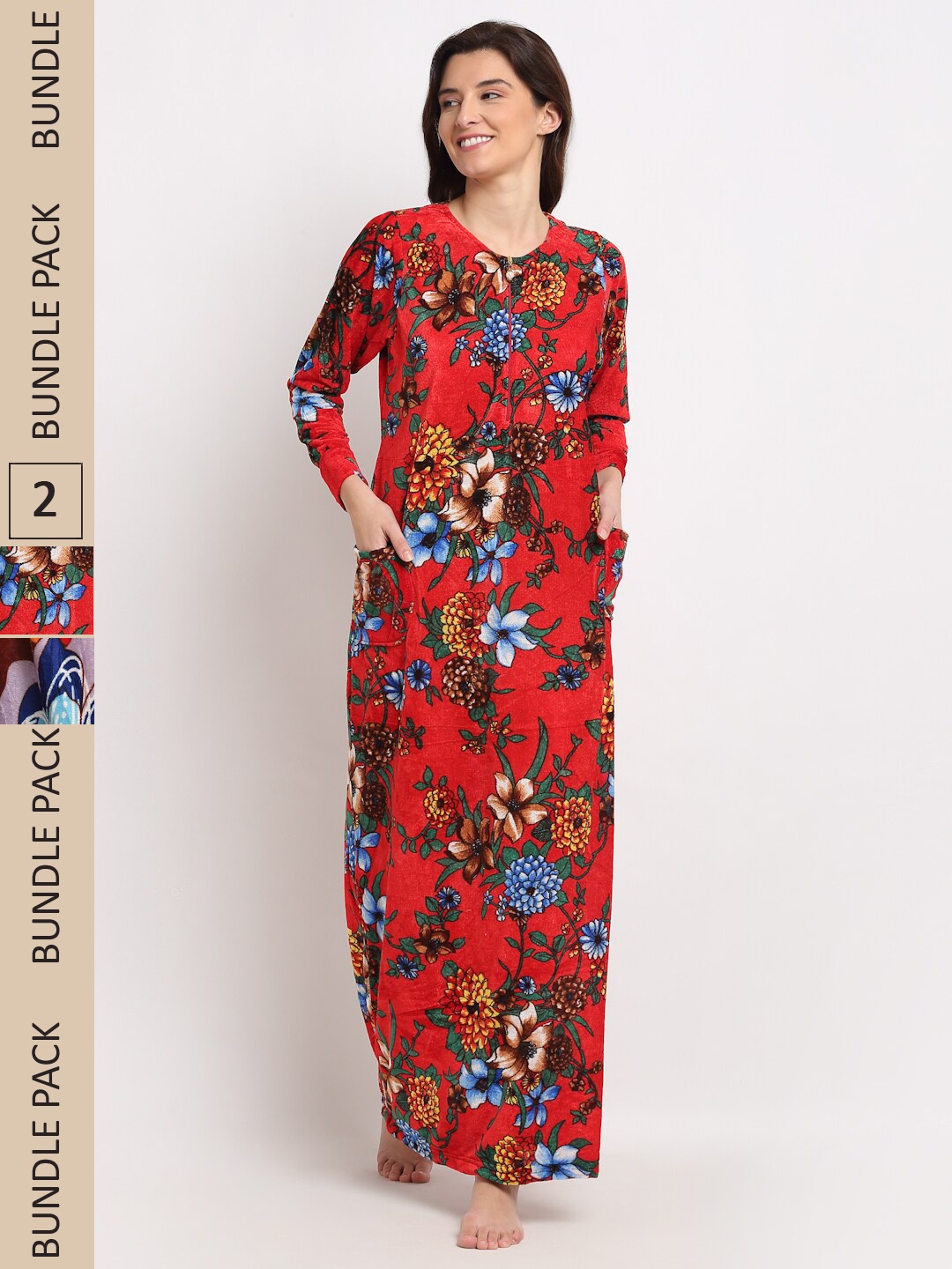 

GRACIT Women Pack Of 2 Printed Maxi Nightdress, Red