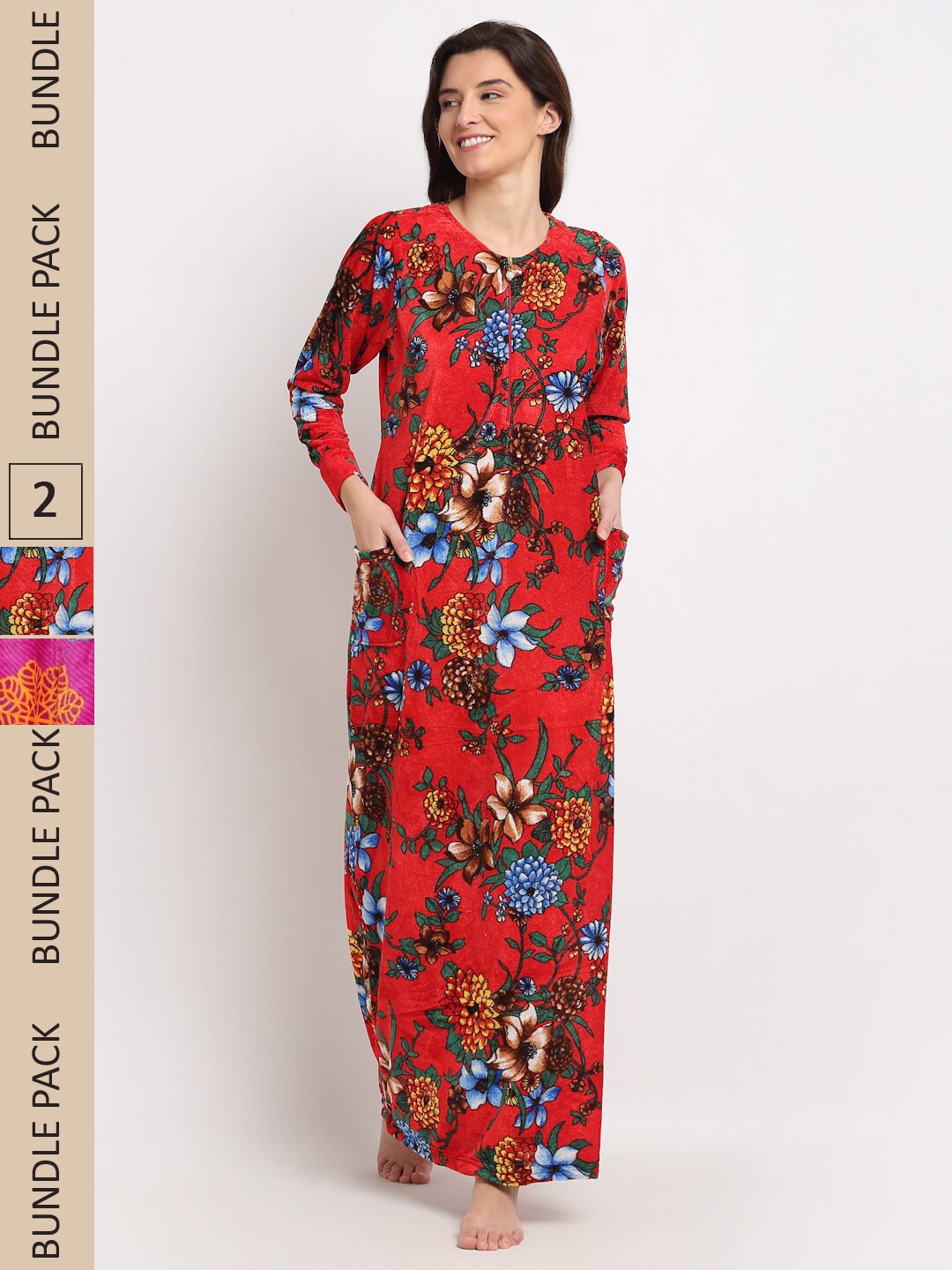 

GRACIT Women Pack Of 2 Printed Maxi Nightdress, Red