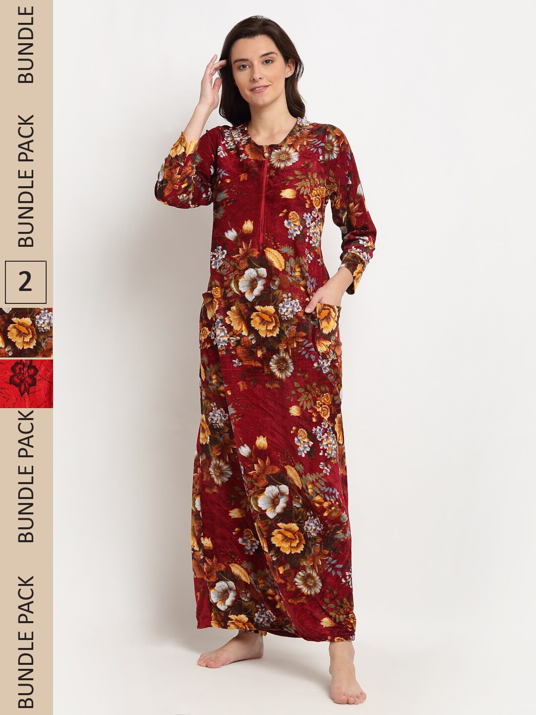 

GRACIT Pack Of 2 Floral Printed Maxi Nightdress, Maroon