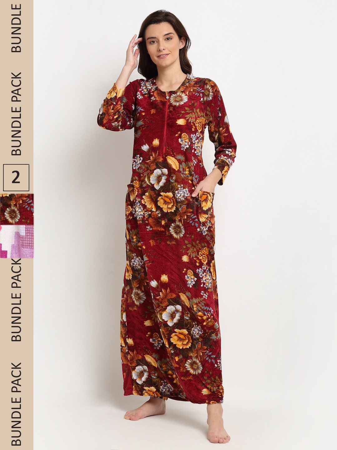 

GRACIT Pack Of 2 Floral Printed Maxi Nightdress, Maroon