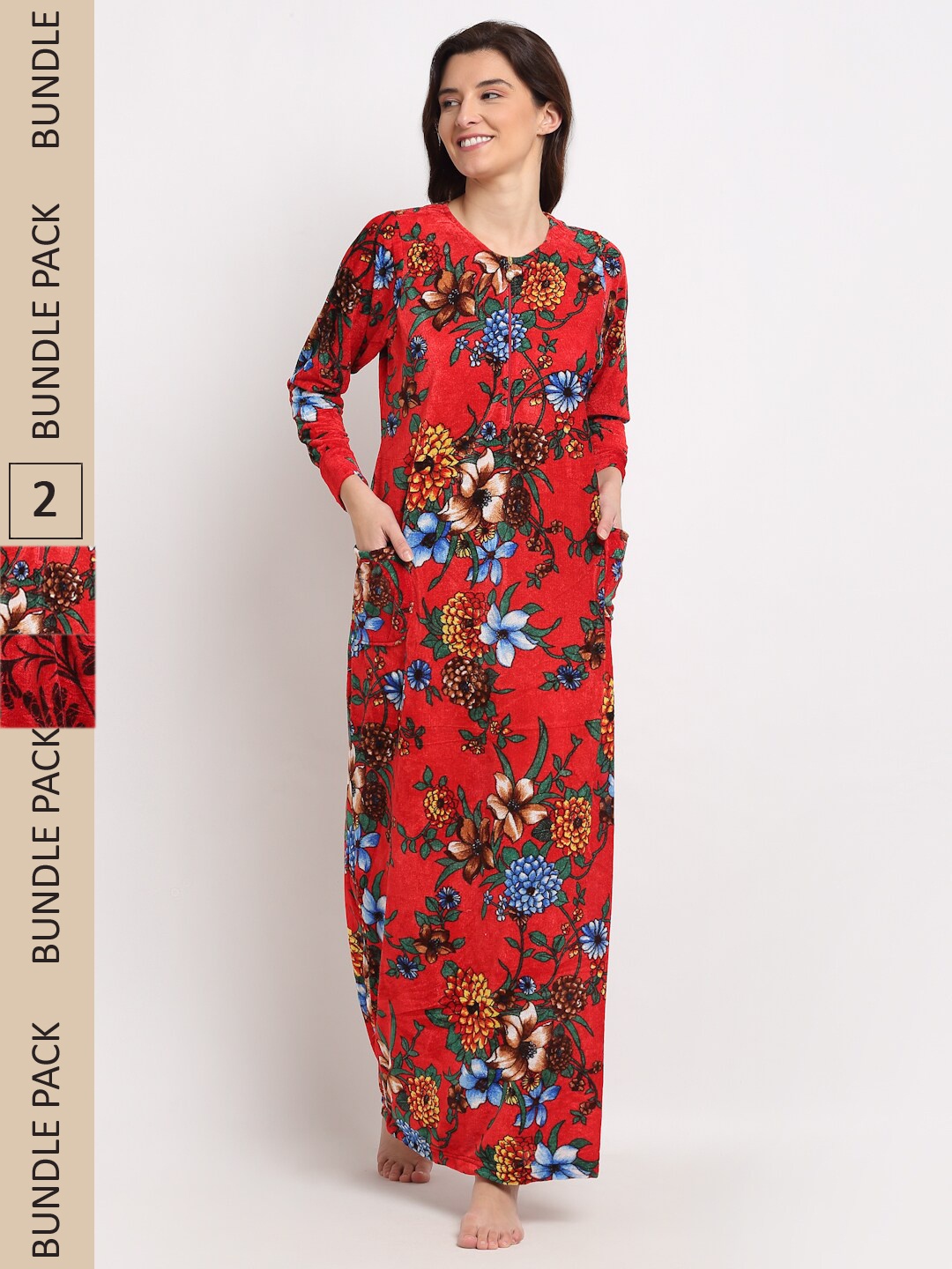 

GRACIT Pack Of 2 Floral Printed Maxi Nightdress, Red