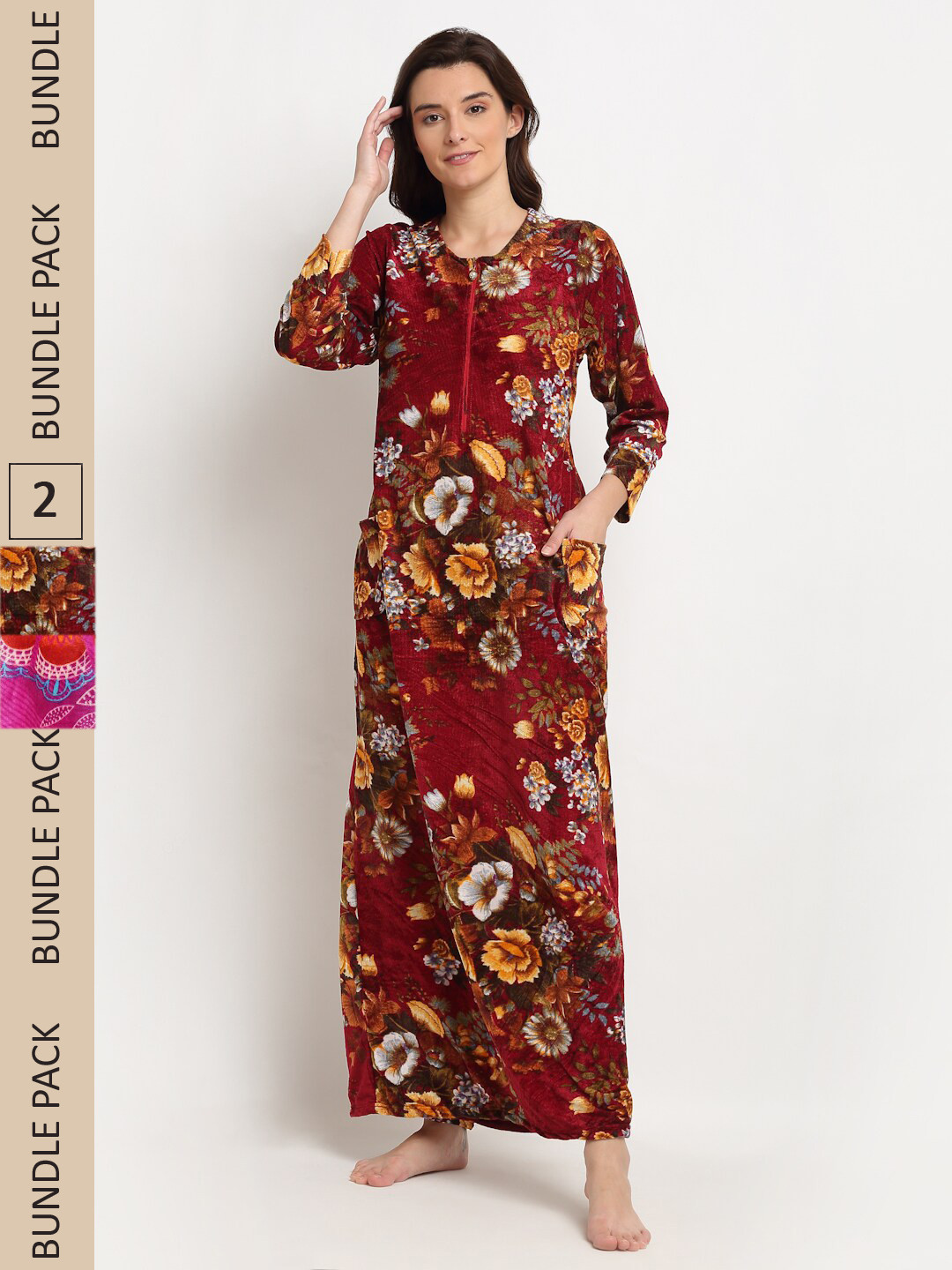 

GRACIT Pack Of 2 Printed Maxi Nightdress, Maroon