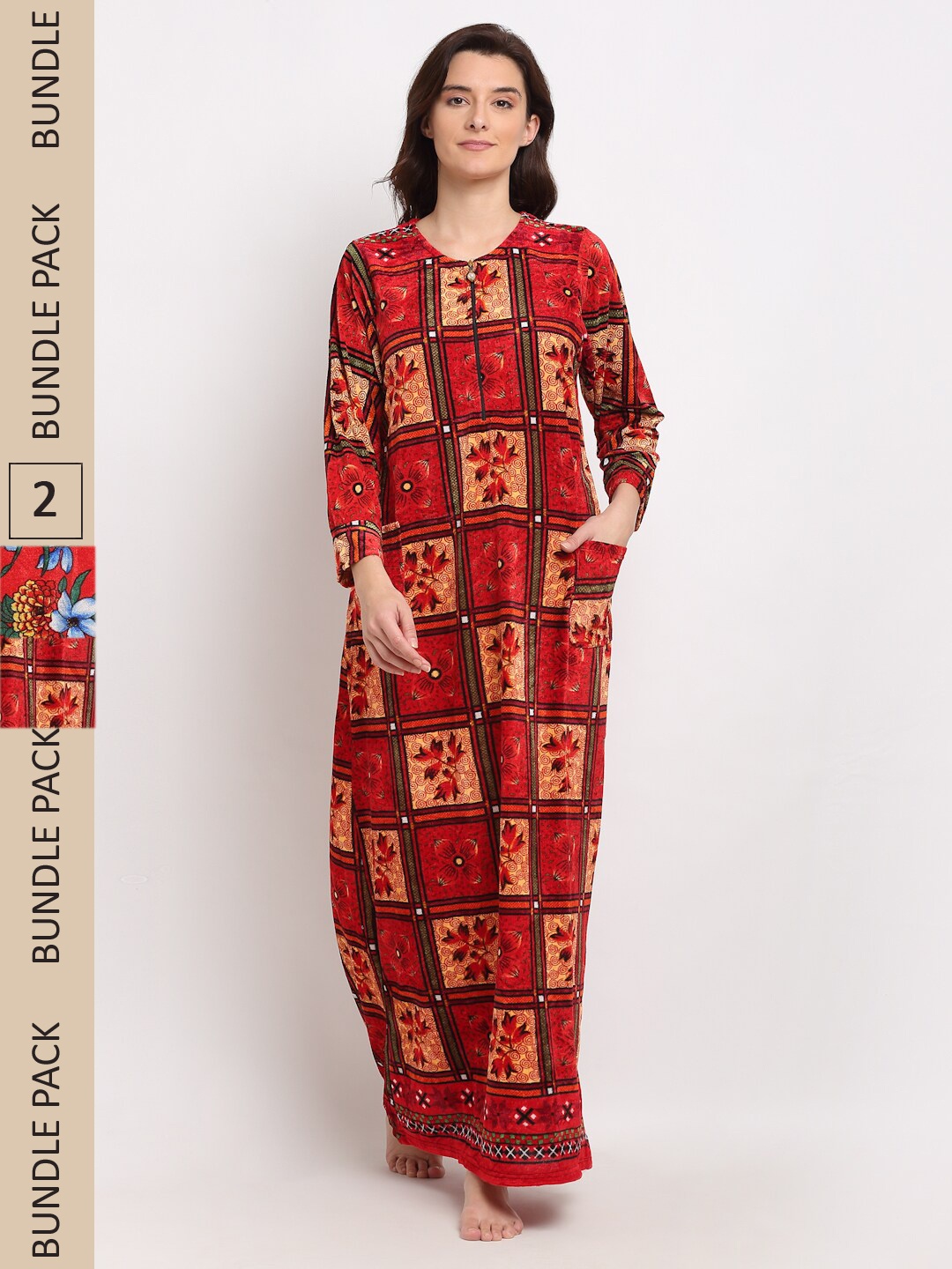 

GRACIT Pack of 2 Printed Woolen Maxi Nightdress, Red