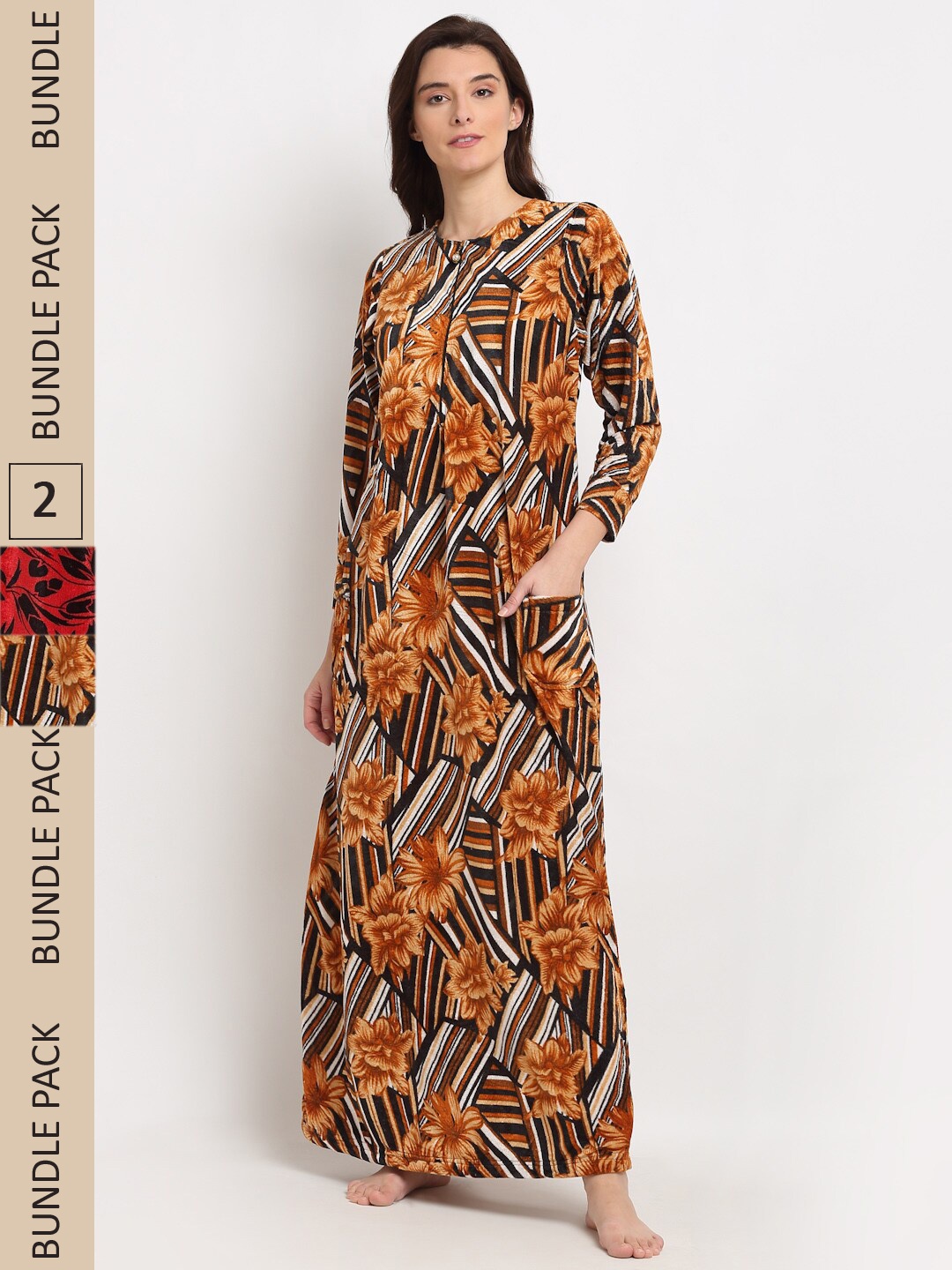 

GRACIT Pack Of 2 Printed Maxi Nightdress, Brown