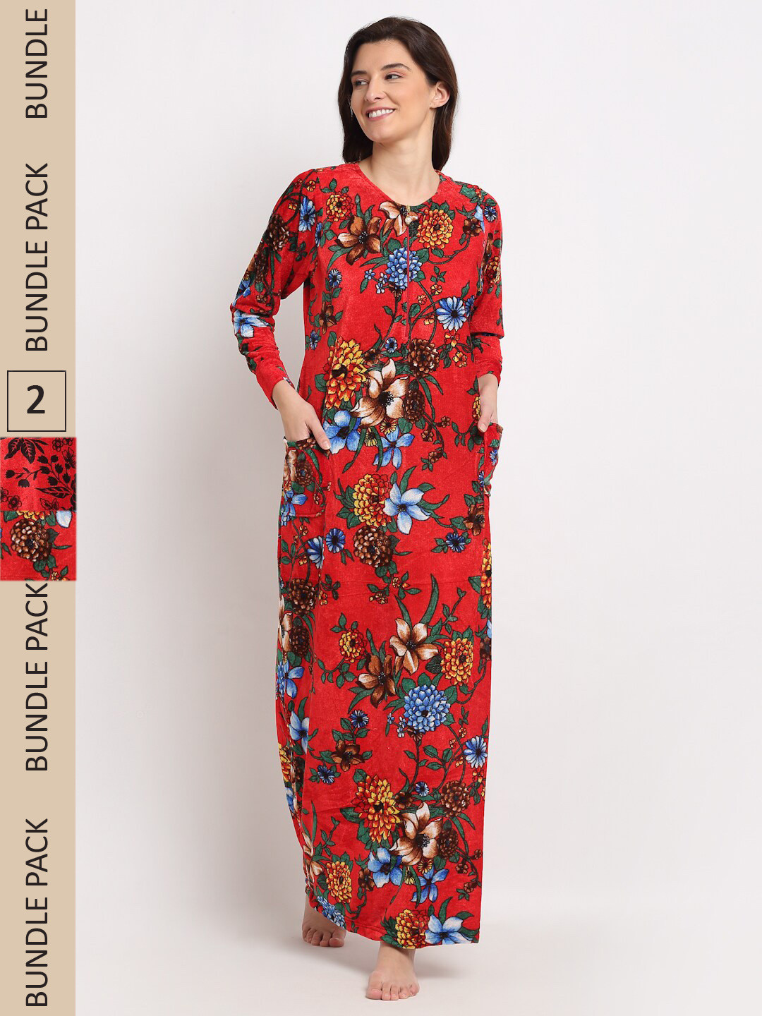 

GRACIT Women Pack Of 2 Printed Maxi Nightdress, Red