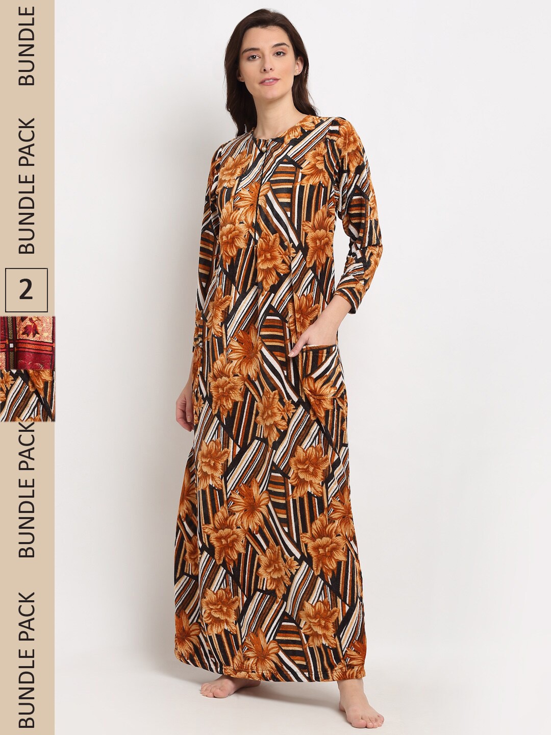 

GRACIT Pack Of 2 Printed Maxi Nightdress, Brown