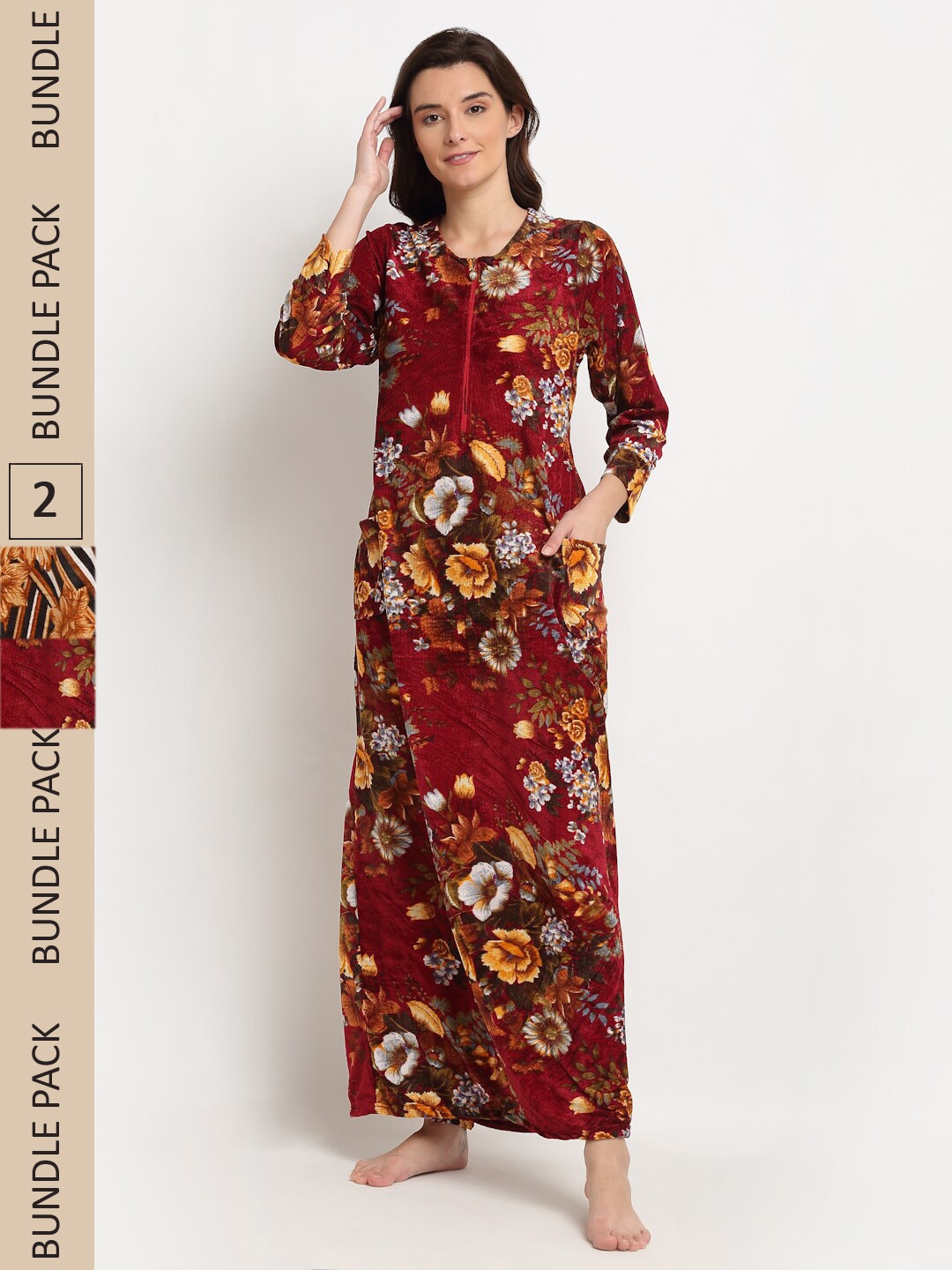 

GRACIT Pack of 2 Printed Woolen Maxi Nightdress, Maroon