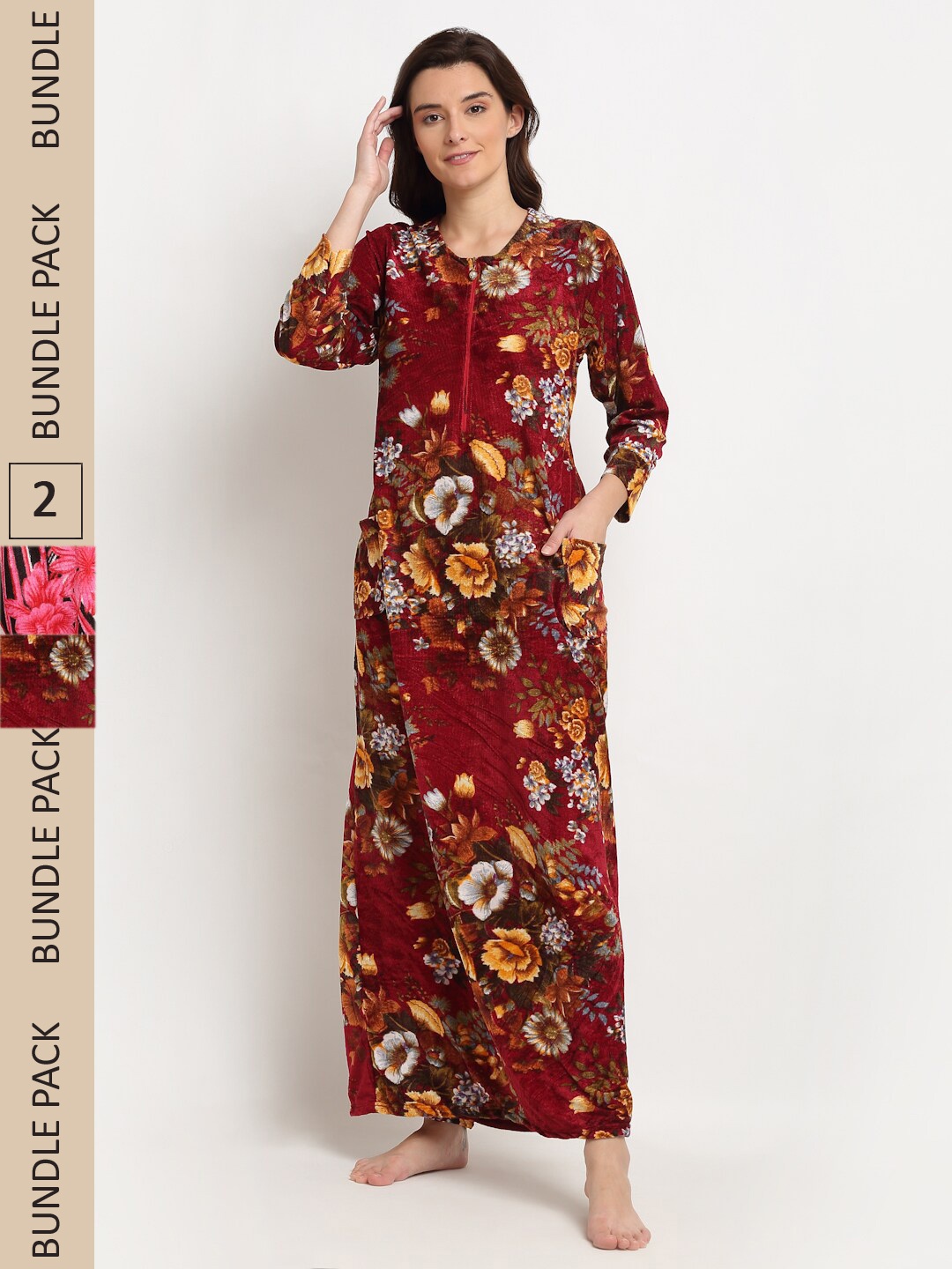 

GRACIT Pack Of 2 Floral Printed Maxi Nightdress, Maroon