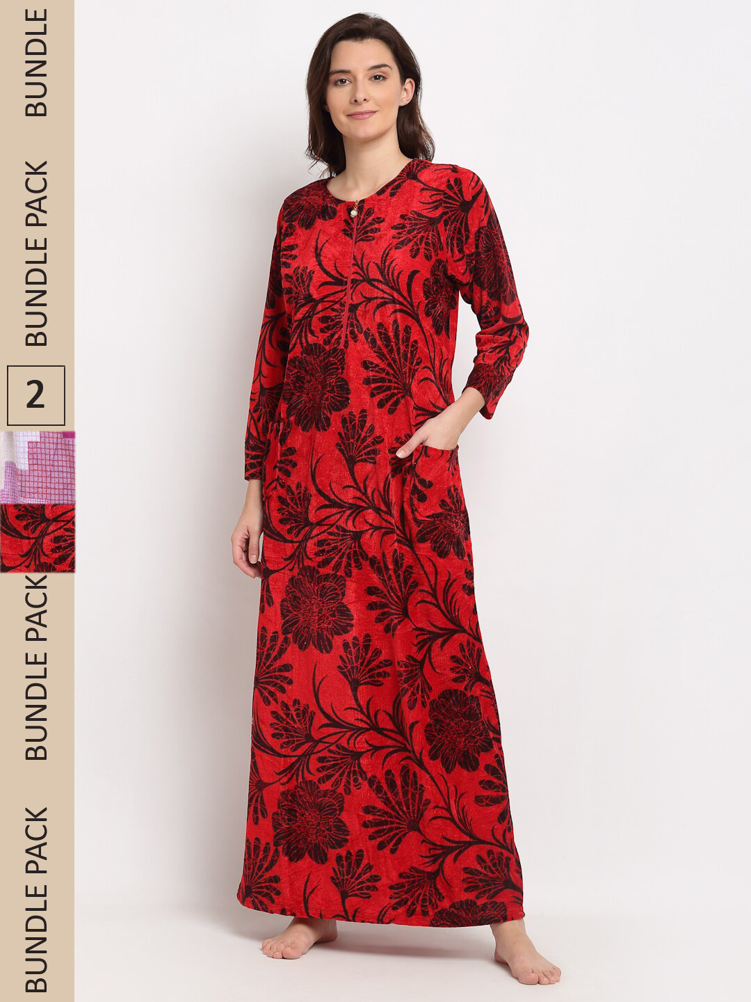 

GRACIT Pack Of 2 Fleece Printed Maxi Nightdress, Red
