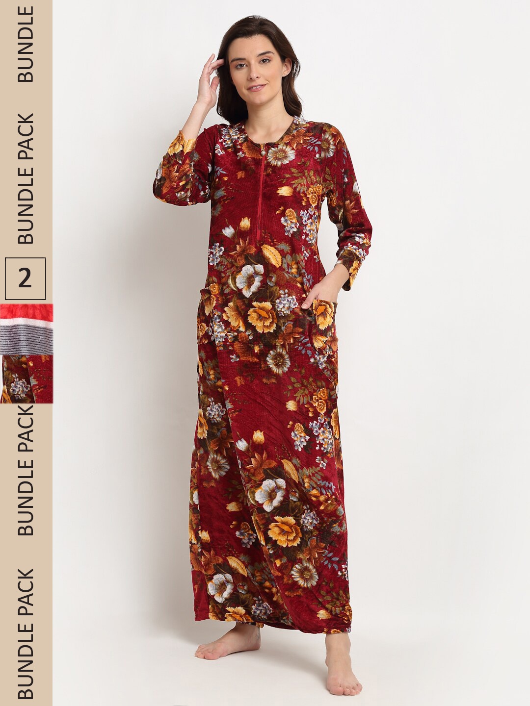 

GRACIT Pack of 2 Printed Maxi Nightdress, Maroon