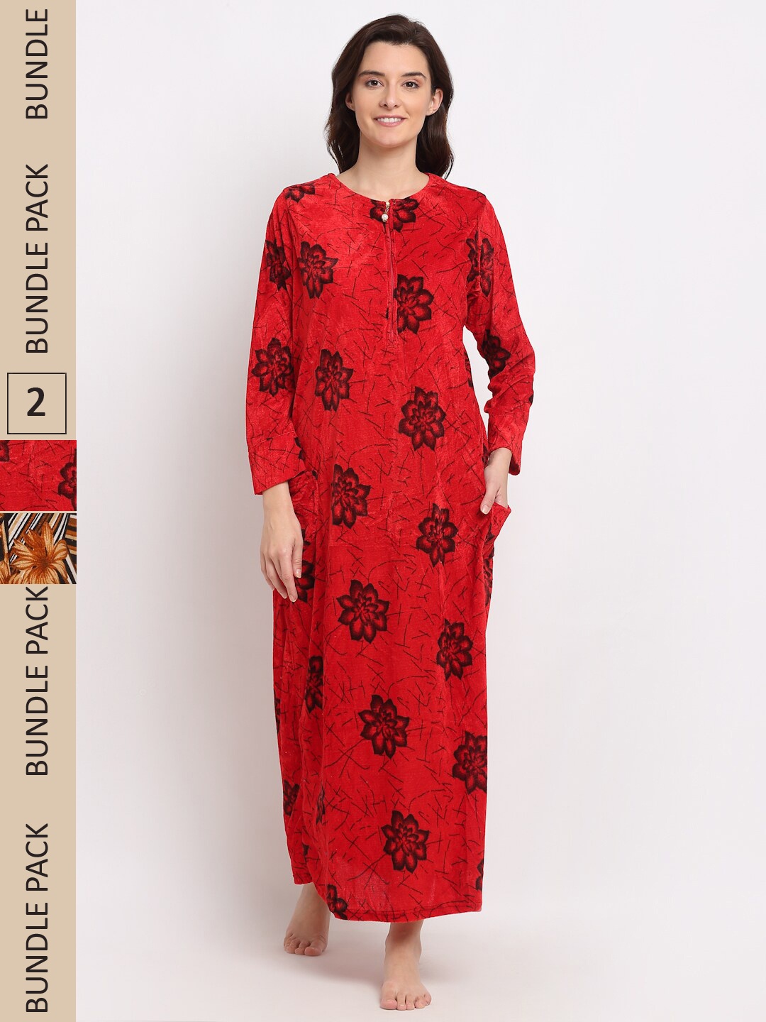 

GRACIT Women Pack Of 2 Printed Maxi Nightdress, Red