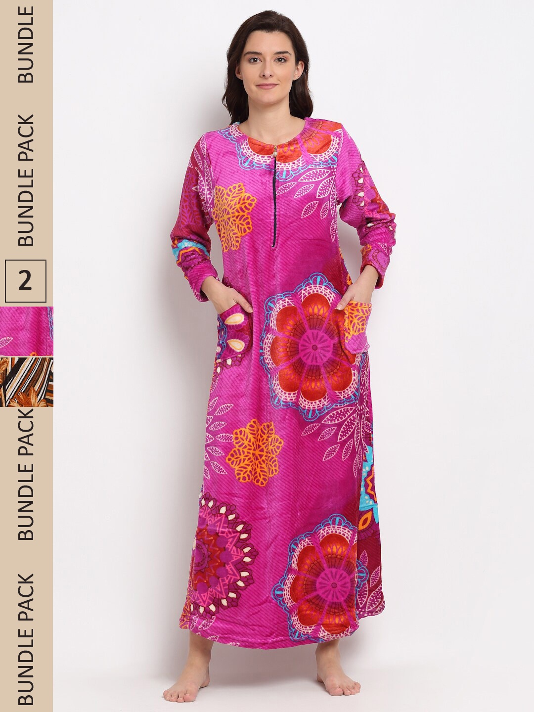 

GRACIT Pack of 2 Printed Fleece Maxi Nightdress, Pink