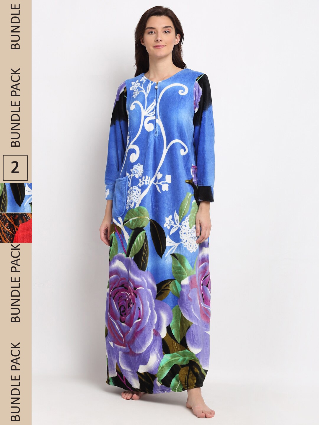 

GRACIT Pack Of 2 Fleece Printed Maxi Nightdress, Blue