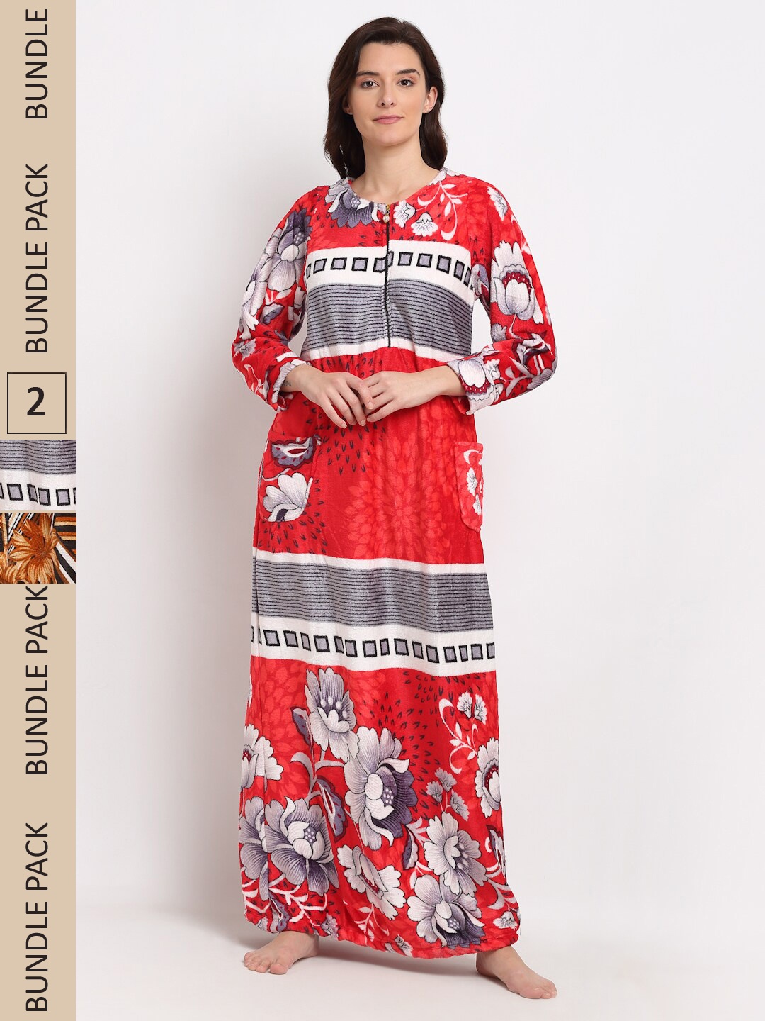 

GRACIT Pack of 2 Printed Woolen Maxi Nightdress, Red