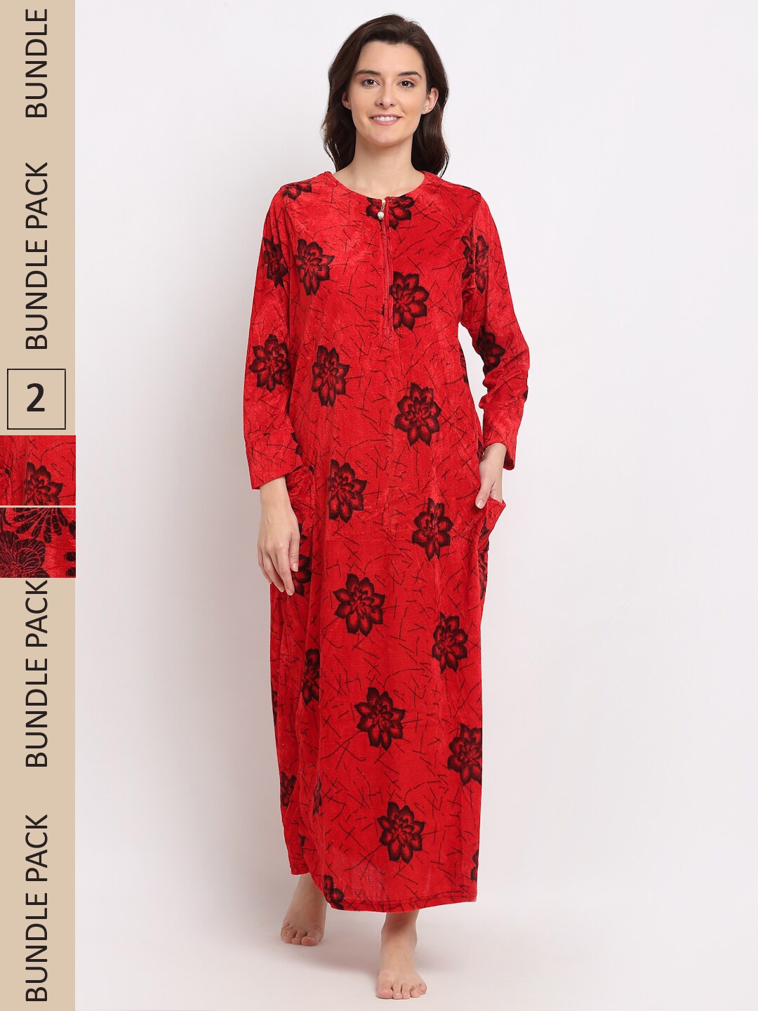

GRACIT Women Pack Of 2 Floral Printed Maxi Nightdress, Red