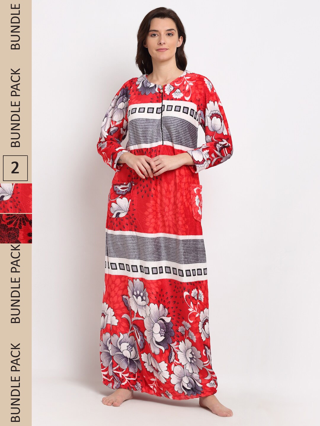 

GRACIT Pack of 2 Printed Fleece Maxi Nightdress, Red