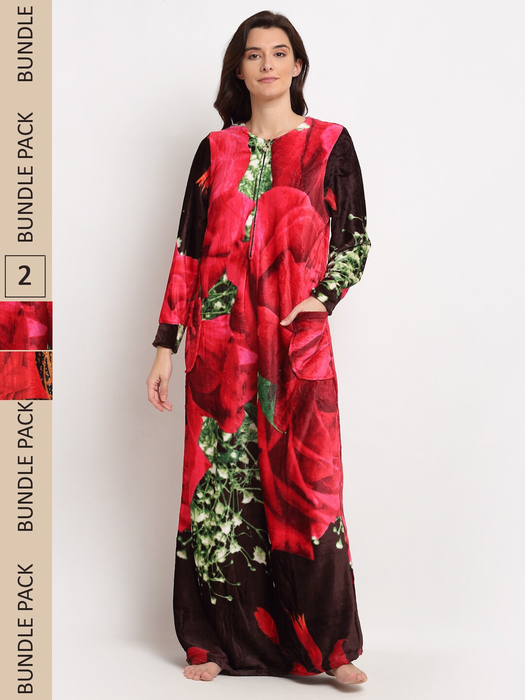 

GRACIT Pack of 2 Printed Fleece Maxi Nightdress, Red