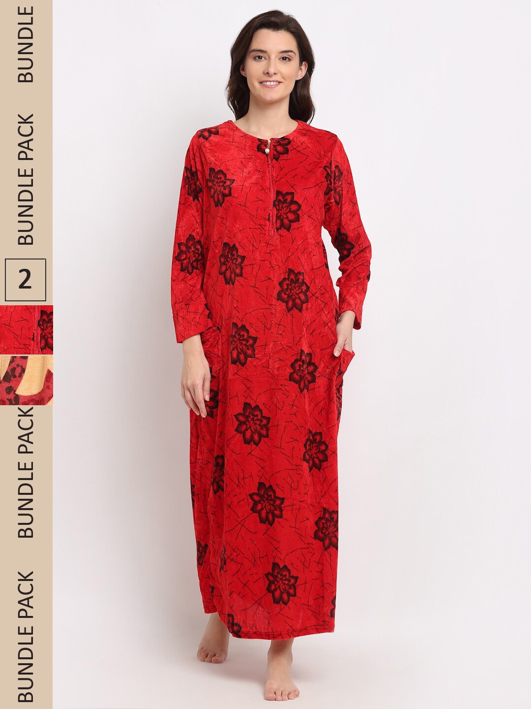 

GRACIT Pack Of 2 Fleece Printed Maxi Nightdress, Red