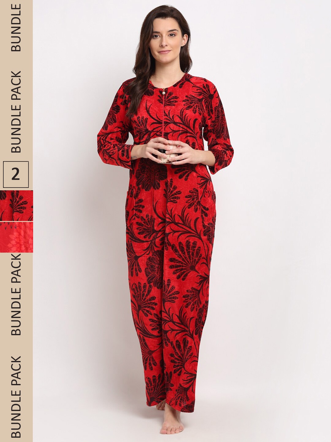 

GRACIT Pack of 2 Printed Woolen Maxi Nightdress, Red