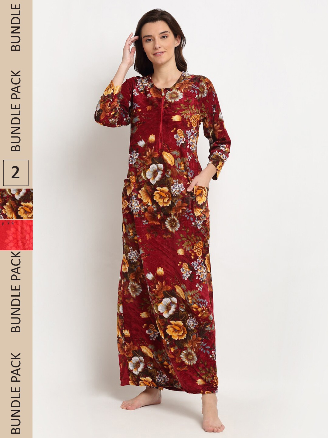 

GRACIT Pack of 2 Printed Maxi Nightdress NSW05 NSW26-M, Maroon