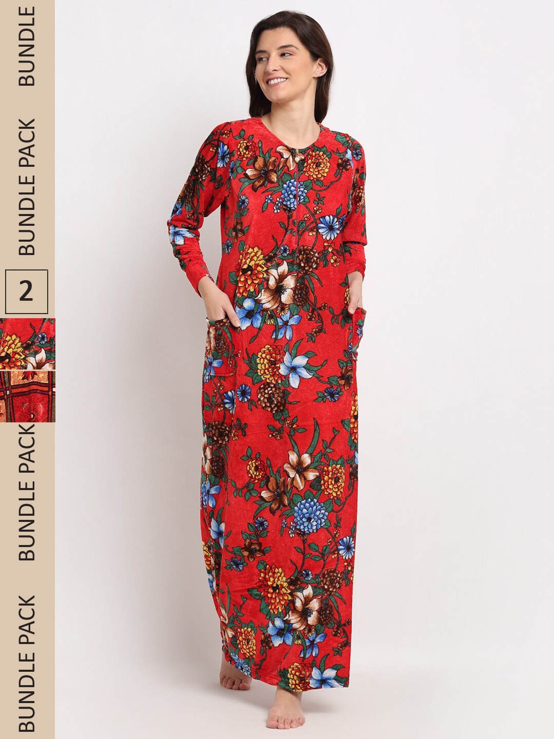 

GRACIT Pack of 2 Printed Woolen Maxi Nightdress, Red