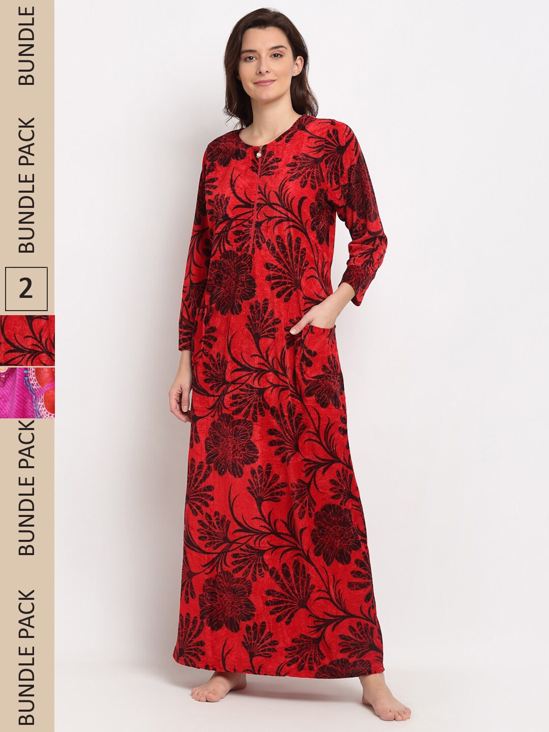 

GRACIT Women Pack Of 2 Printed Maxi Nightdress, Red