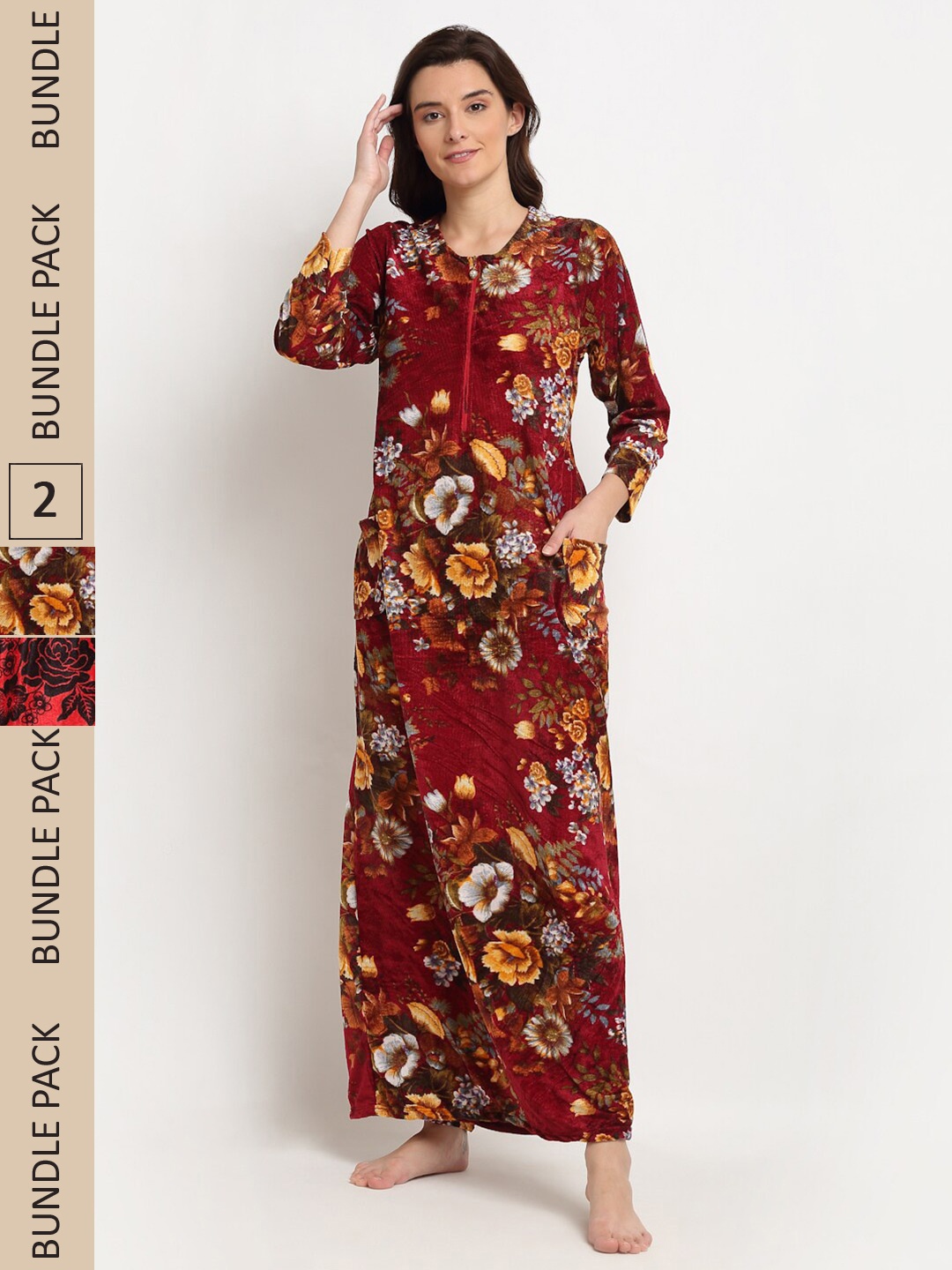 

GRACIT Women Pack Of 2 Floral Printed Maxi Nightdress, Red