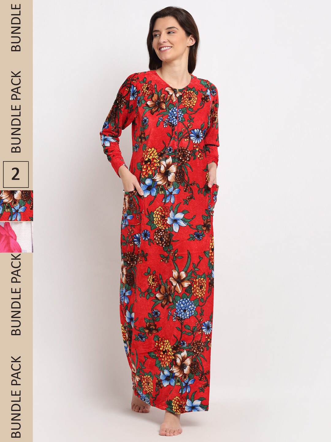 

GRACIT Women Pack Of 2 Floral Printed Fleece Maxi Nightdress, Red