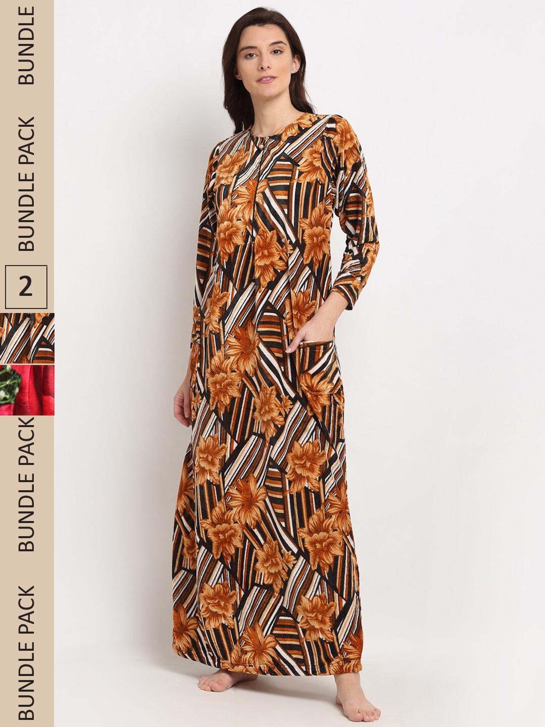 

GRACIT Pack of 2 Printed Fleece Maxi Nightdress, Orange