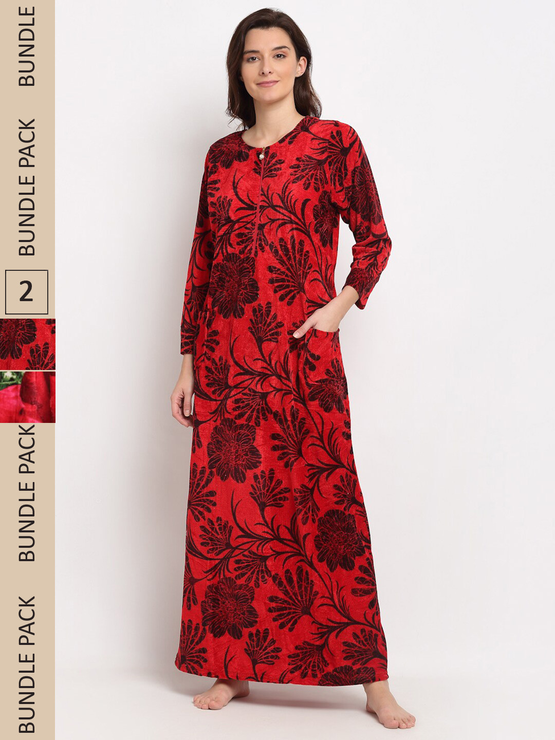

GRACIT Women Pack Of 2 Floral Printed Maxi Nightdress, Red