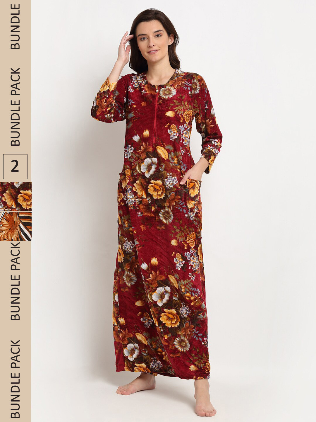 

GRACIT Pack of 2 Printed Fleece Maxi Nightdress, Maroon