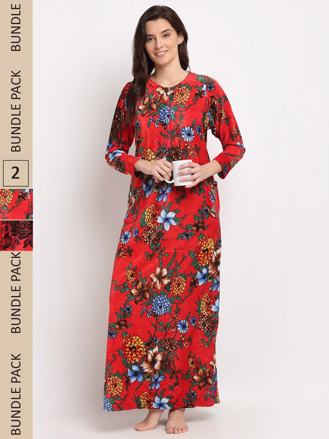 

GRACIT Pack of 2 Printed Woolen Maxi Nightdress, Red