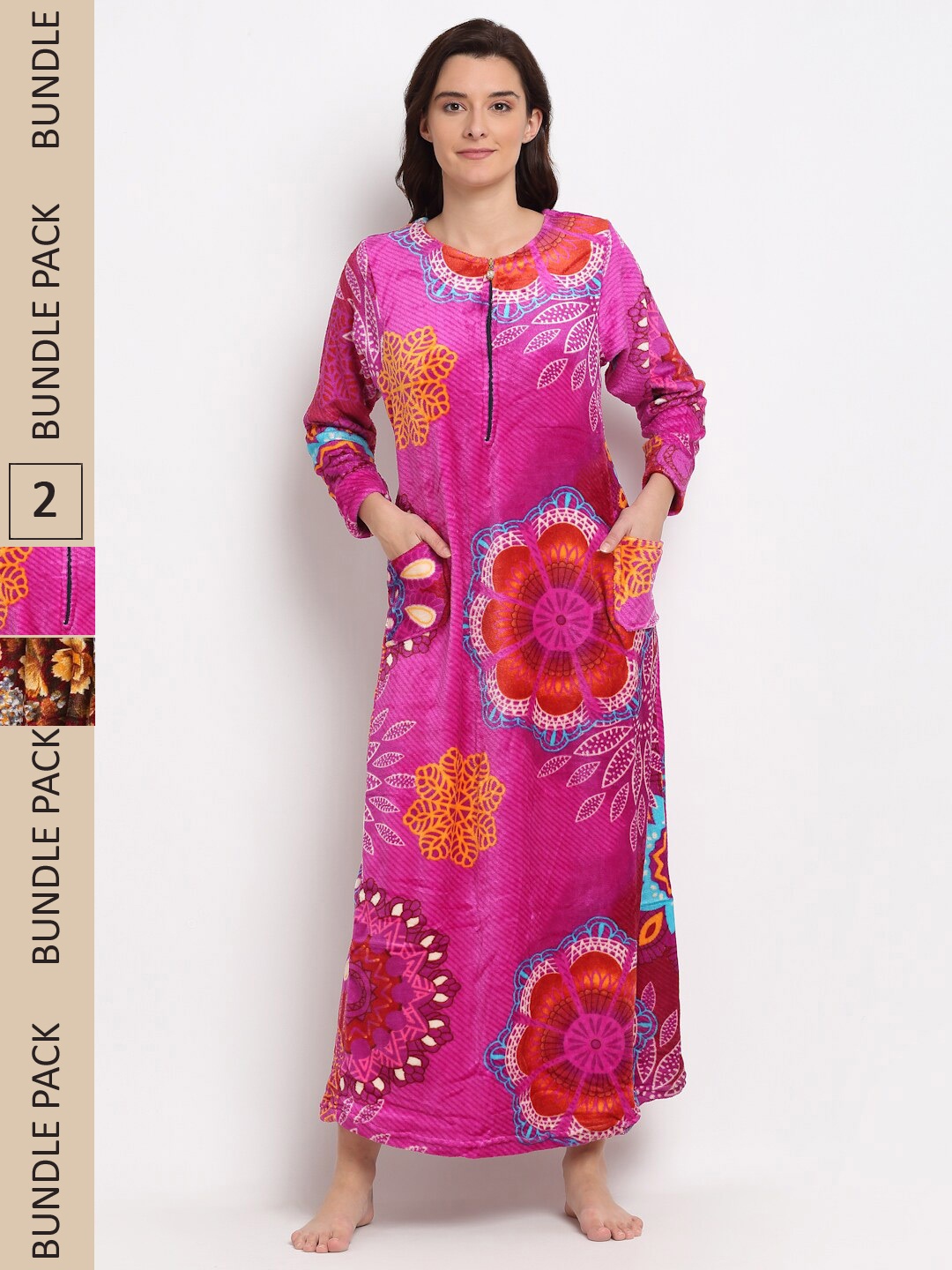

GRACIT Women Pack Of 2 Floral Printed Maxi Nightdress, Pink