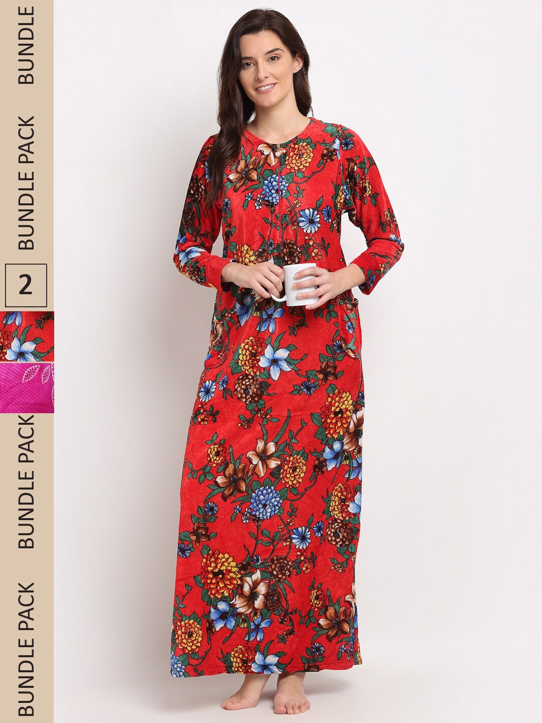 

GRACIT Pack Of 2 Printed Fleece Maxi Nightdress, Red