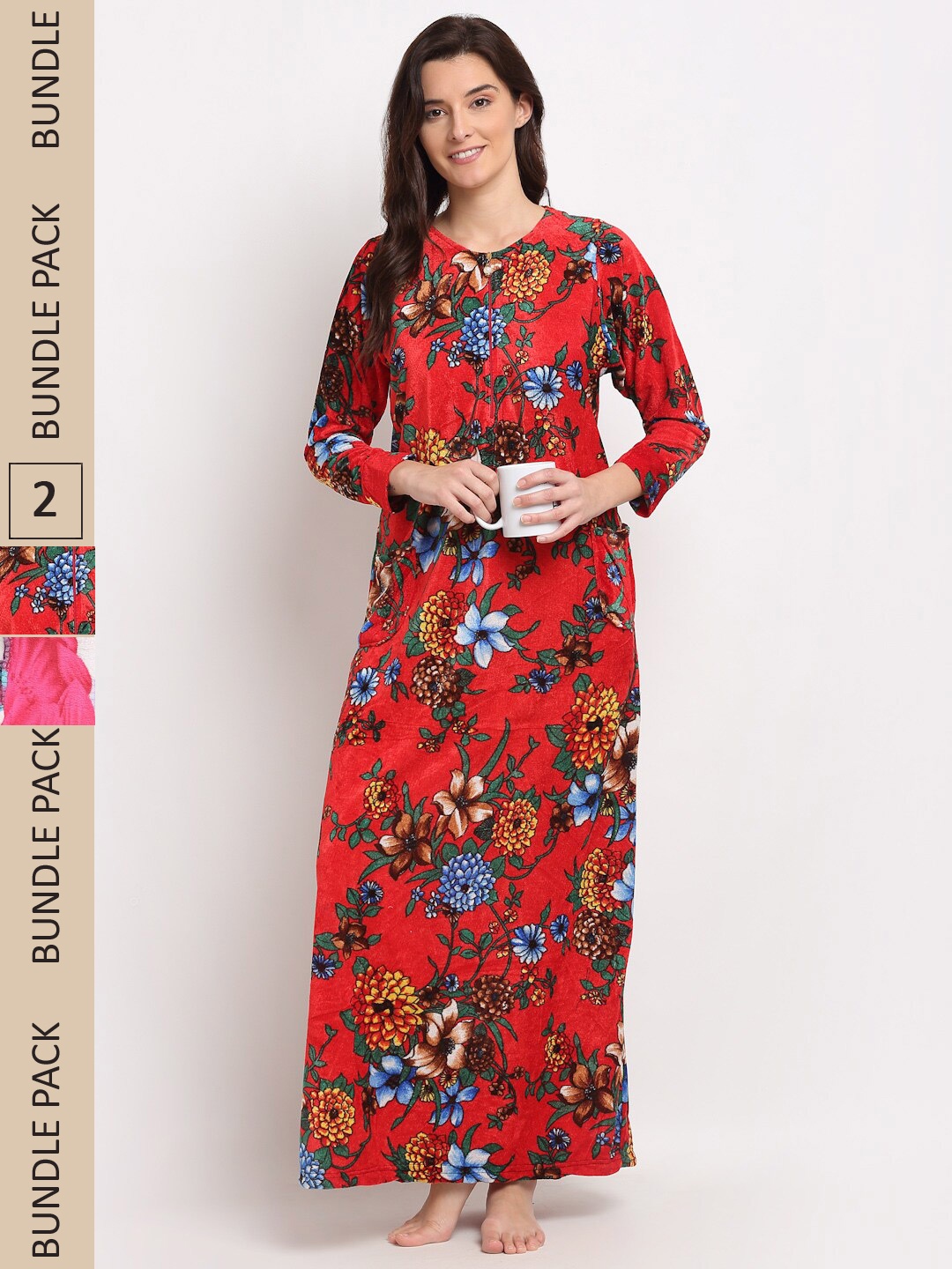 

GRACIT Pack Of 2 Printed Fleece Maxi Nightdress, Red