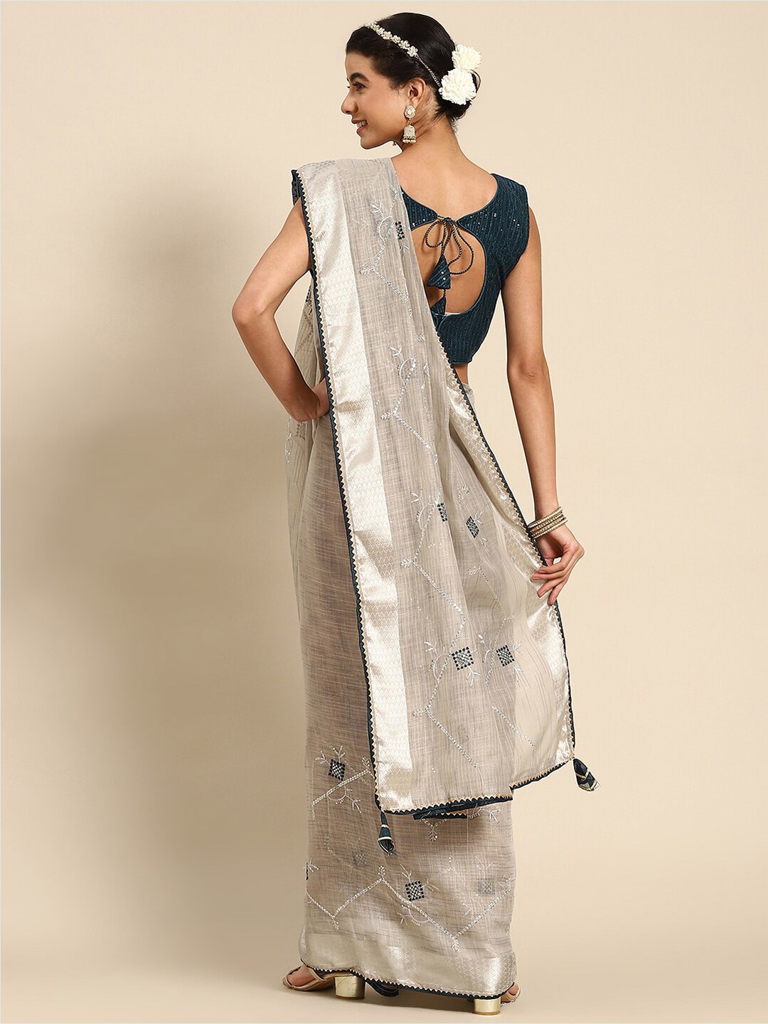 

Mitera Floral Embroidered Saree, Grey