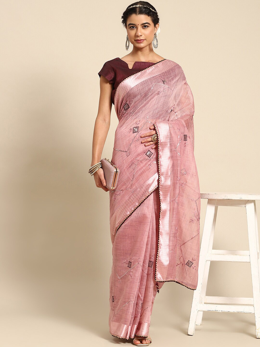 

Mitera Floral Embroidered Art Silk Saree, Pink