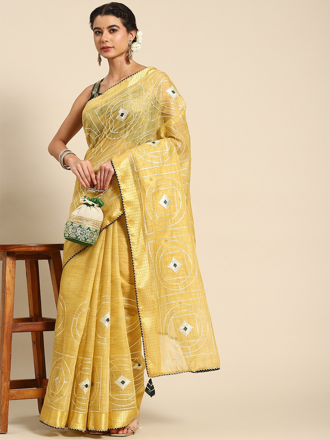 

Mitera Floral Embroidered Saree, Yellow