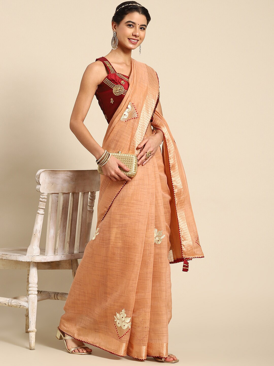 

Mitera Floral Embroidered Saree, Peach