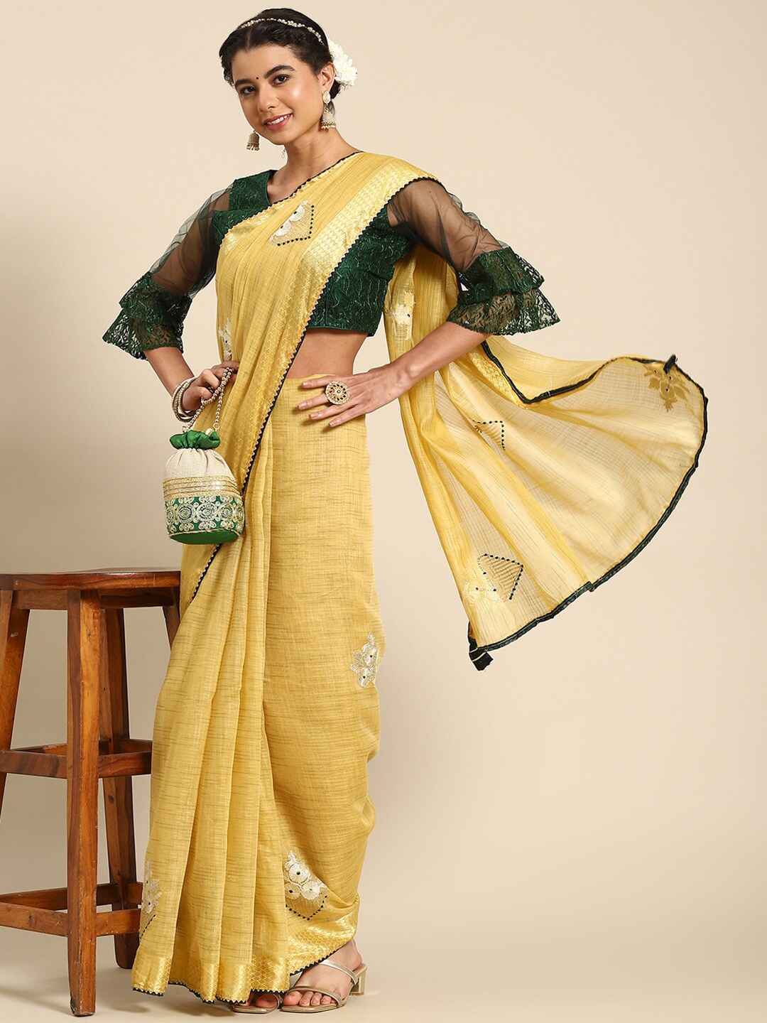 

Mitera Floral Embroidered Saree, Yellow