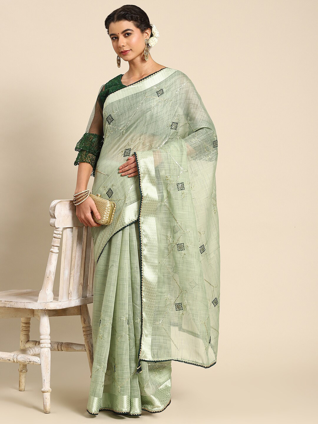 

Mitera Floral Embroidered Saree, Green