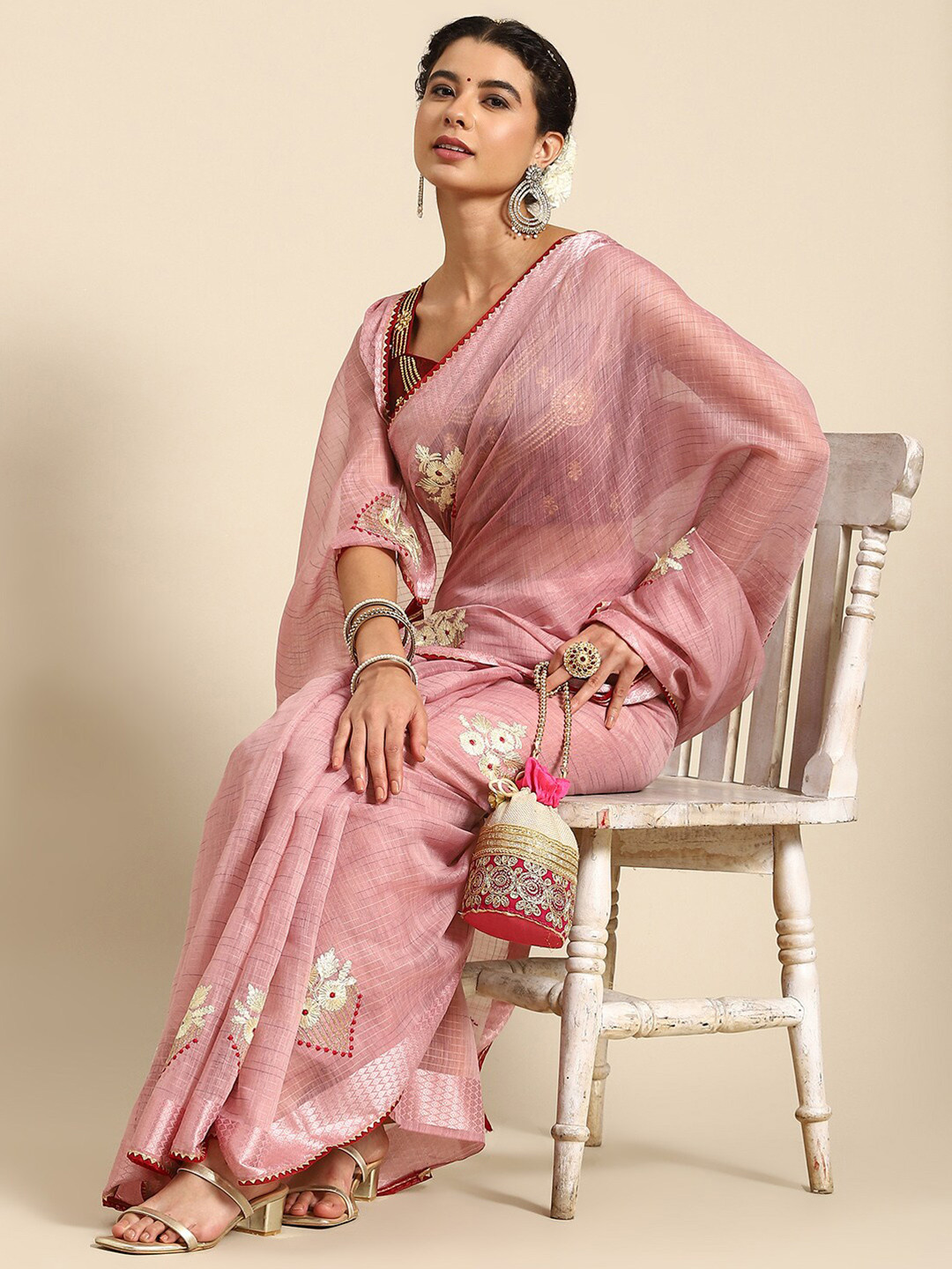 

Mitera Floral Embroidered Saree, Pink