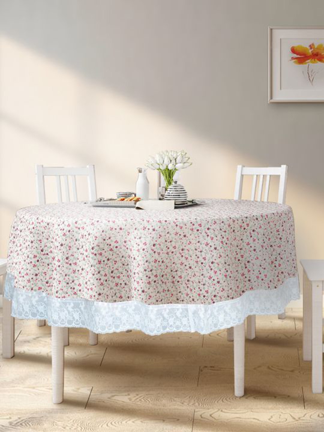 

BIANCA White & Pink Floral Printed 4 Seater Round Table Cloth