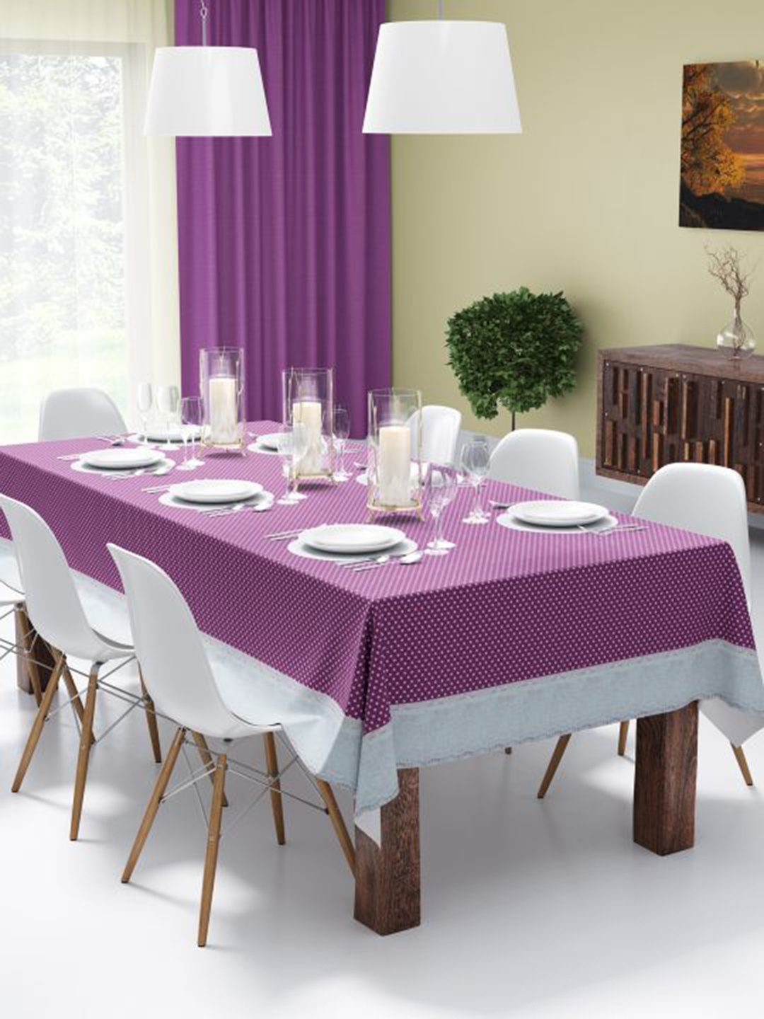 

BIANCA Purple & White Polka Dots Printed 6 Seater Table Cover