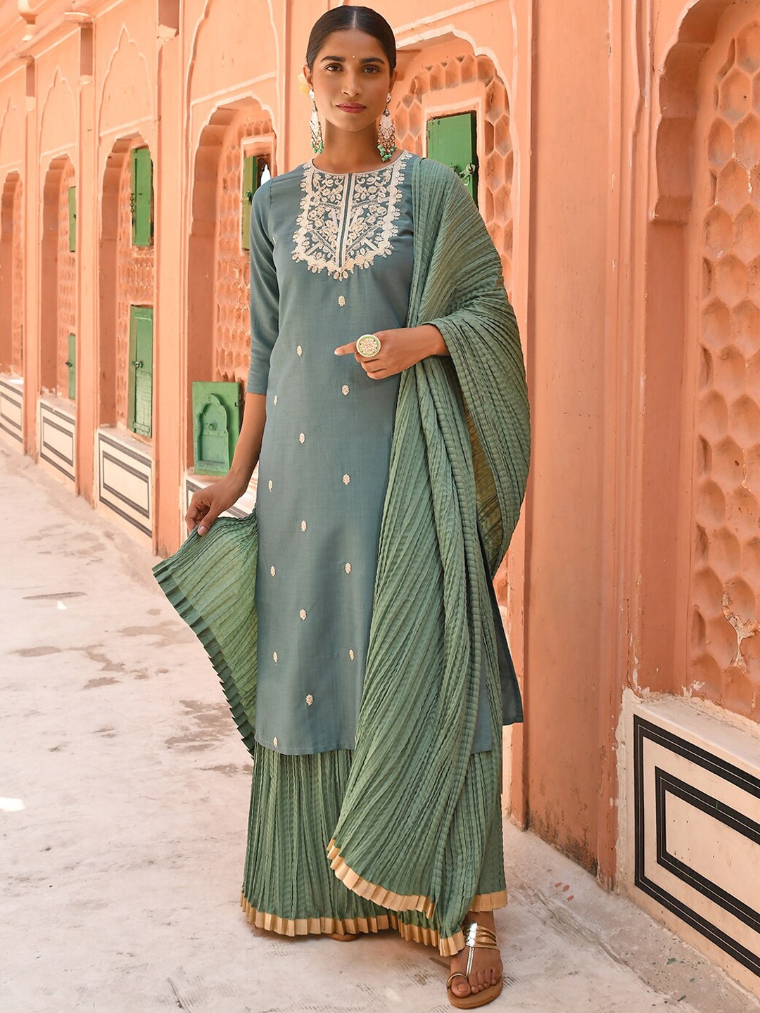 

Janasya Women Green Chinon Embroidered Kurta with Skirt and Dupatta